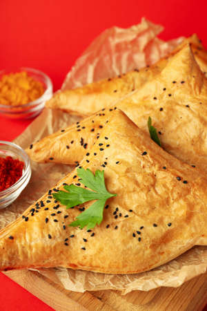 Concept of tasty food with samsa on red backgroundの写真素材