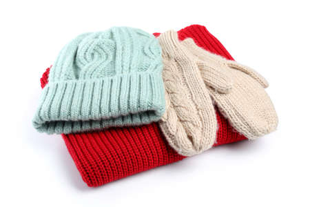 Concept of winter clothes on white background.の写真素材