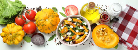 Concept of cooking pumpkin salad on white backgroundの写真素材