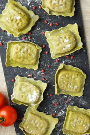Concept of cooking tasty ravioli, top viewの写真素材
