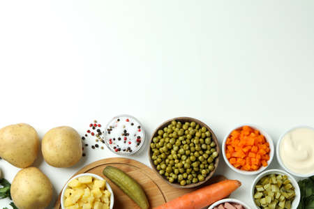Ingredients for cooking Olivier salad on white backgroundの写真素材