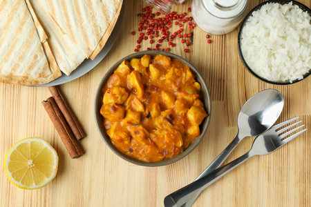 Concept of tasty food with chicken tikka on wooden backgroundの写真素材