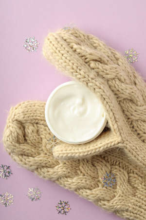 Composition with winter cosmetic on violet backgroundの写真素材