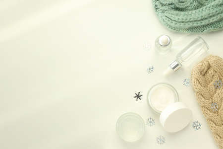 Composition with winter cosmetic products on white backgroundの写真素材