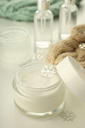 Composition with winter cosmetic products on white backgroundの写真素材