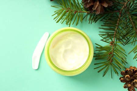 Concept of winter cosmetic on mint backgroundの写真素材