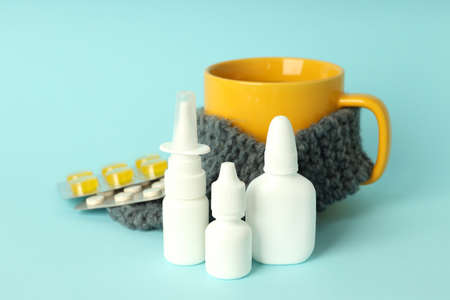 Flu treatment accessories on blue background, close upの写真素材