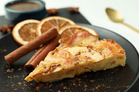 Concept of tasty food with apple pie on white backgroundの写真素材