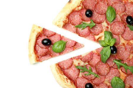 Tasty Salami pizza isolated on white background
