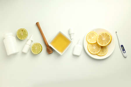 Flu treatment accessories on white background, top viewの写真素材