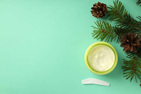 Concept of winter cosmetic on mint backgroundの写真素材