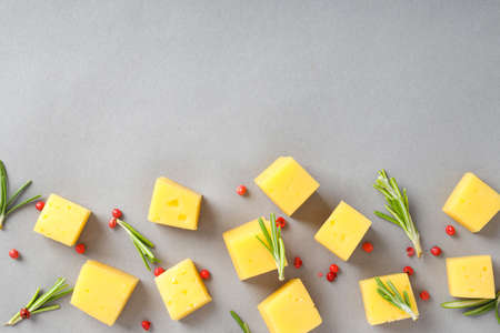Flat lay composition with hard cheese gray backgroundの写真素材