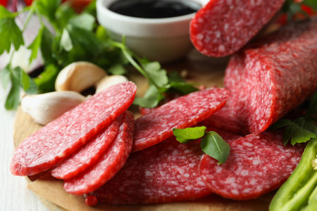 Ð¡oncept of tasty food with salami sausage, close upの写真素材