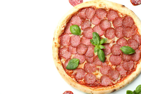 Concept of tasty food with Salami pizza on white backgroundの写真素材