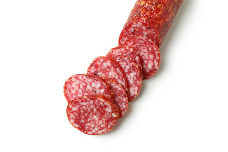 Tasty sausage salami isolated on white backgroundの写真素材