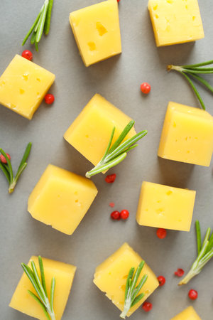 Flat lay composition with hard cheese gray backgroundの写真素材