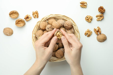 Concept of healthy food with walnuts on white backgroundの写真素材