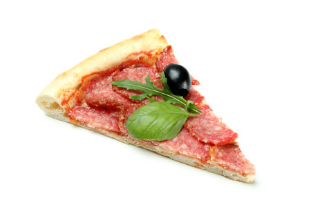 Salami pizza slice isolated on white backgroundの写真素材