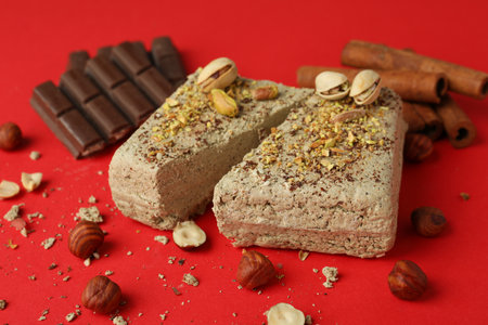 Concept of tasty food with halva on red background