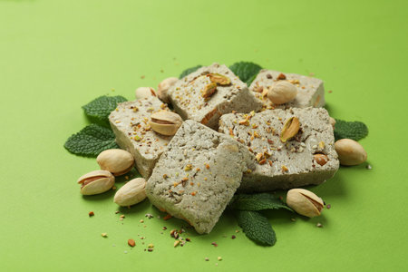 Concept of tasty food with halva on green backgroundの写真素材