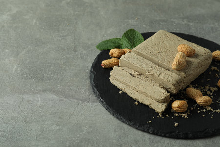 Concept of tasty food with halva on gray textured backgroundの写真素材