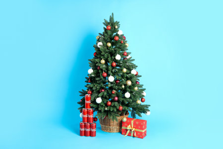 Odessa, Ukraine - November 11, 2021: Composition with Christmas tree and gifts on blue backgroundのeditorial素材