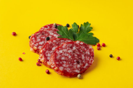 Ð¡oncept of tasty food with salami sausage on yellow backgroundの写真素材