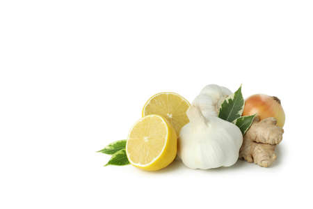 Concept of treatment colds with honey and garlic isolated on white backgroundの写真素材