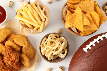 Concept of Super bowl snacks on white backgroundの写真素材