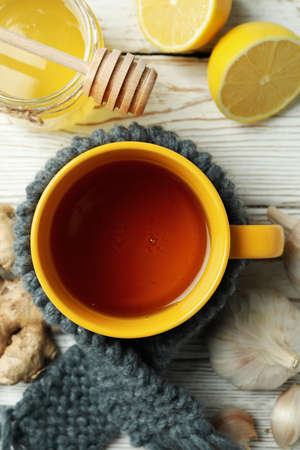 Concept of treatment colds with honey and garlic, close upの写真素材