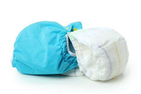 Concept of baby clothes with reusable diapers isolated on white backgroundの写真素材