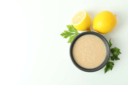 Concept of tasty food with tahini sauce on white backgroundの写真素材