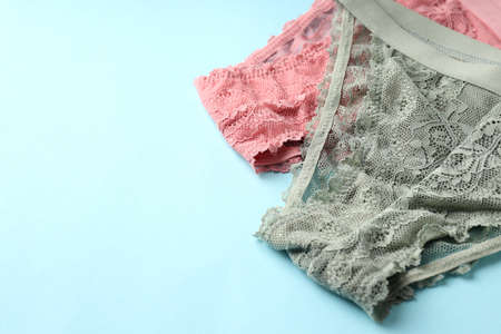 Beautiful women's panties on a blue backgroundの写真素材