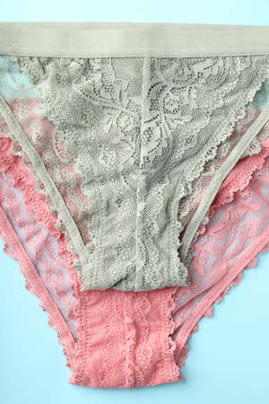 Beautiful women's panties on a blue backgroundの写真素材