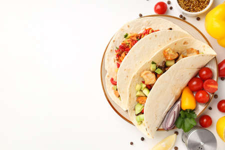 Concept of tasty food with taco on white backgroundの写真素材