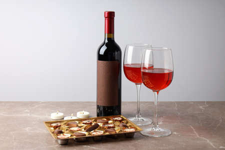 Happy Valentine day composition on purple textured tableの写真素材