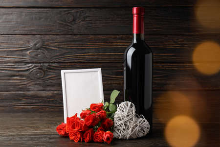 Happy Valentine day composition on dark wooden tableの写真素材