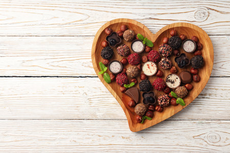 Concept of sweets with chocolate candies on white wooden backgroundの写真素材
