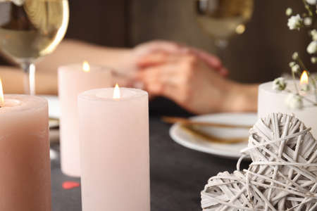 Happy Valentine day dinner on dark wooden tableの写真素材