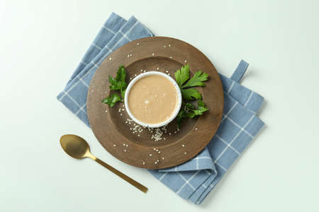 Concept of tasty food with tahini sauce on white backgroundの写真素材