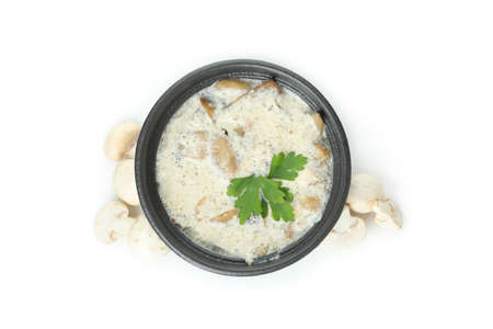 Concept of tasty food with mushroom sauce isolated on white backgroundの写真素材