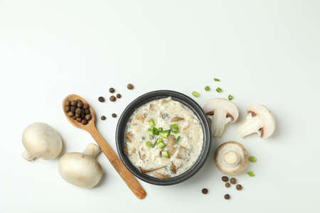 Concept of tasty food with mushroom sauce on white backgroundの写真素材
