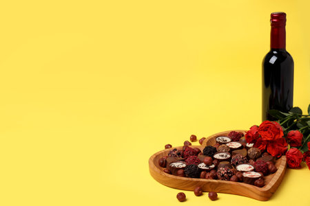 Happy Valentine day composition on yellow backgroundの写真素材