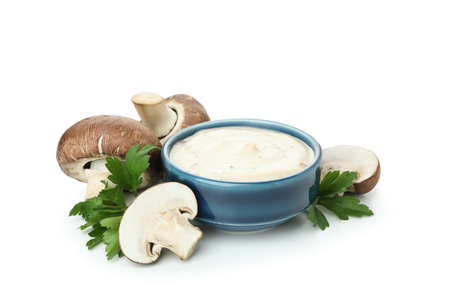 Concept of tasty food with mushroom sauce isolated on white backgroundの写真素材