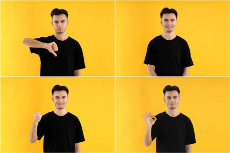 Collage of attractive guy on yellow background