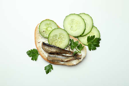 Delicious sandwich with sprats on white backgroundの写真素材