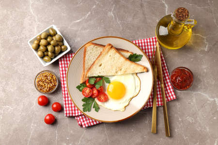 Concept of tasty breakfast on gray textured backgroundの写真素材