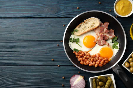 Concept of tasty breakfast on wooden backgroundの写真素材