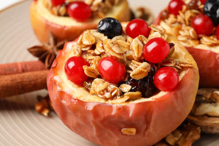 Concept of tasty food with baked apple, close upの写真素材