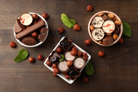 Concept of sweets with chocolate candies on wooden backgroundの写真素材
